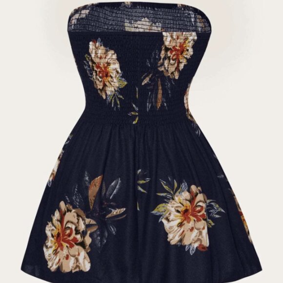 Shein Curve Floral Print Shirred Tube Top Plus Size 4XL Navy Blue Summer Spring - Picture 2 of 2